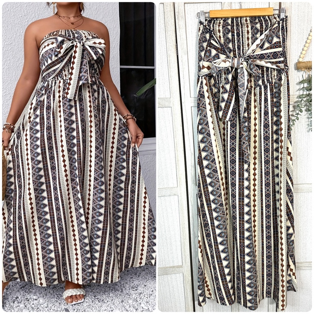 SHEIN Curve 3X Plus Allover Print Strapless Dress Tribal Aztec Bow Front Maxi